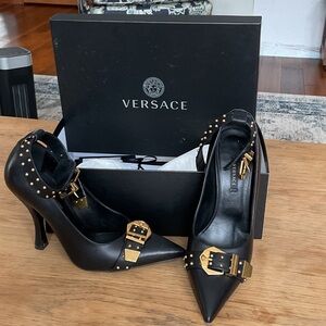 Versace Black Heels with Gold Accents